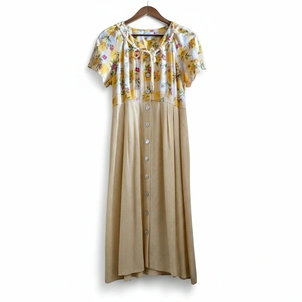 VTG Expo Mixed Print Midi Dress Yellow Gingham Floral Cottagecore Button Front 8